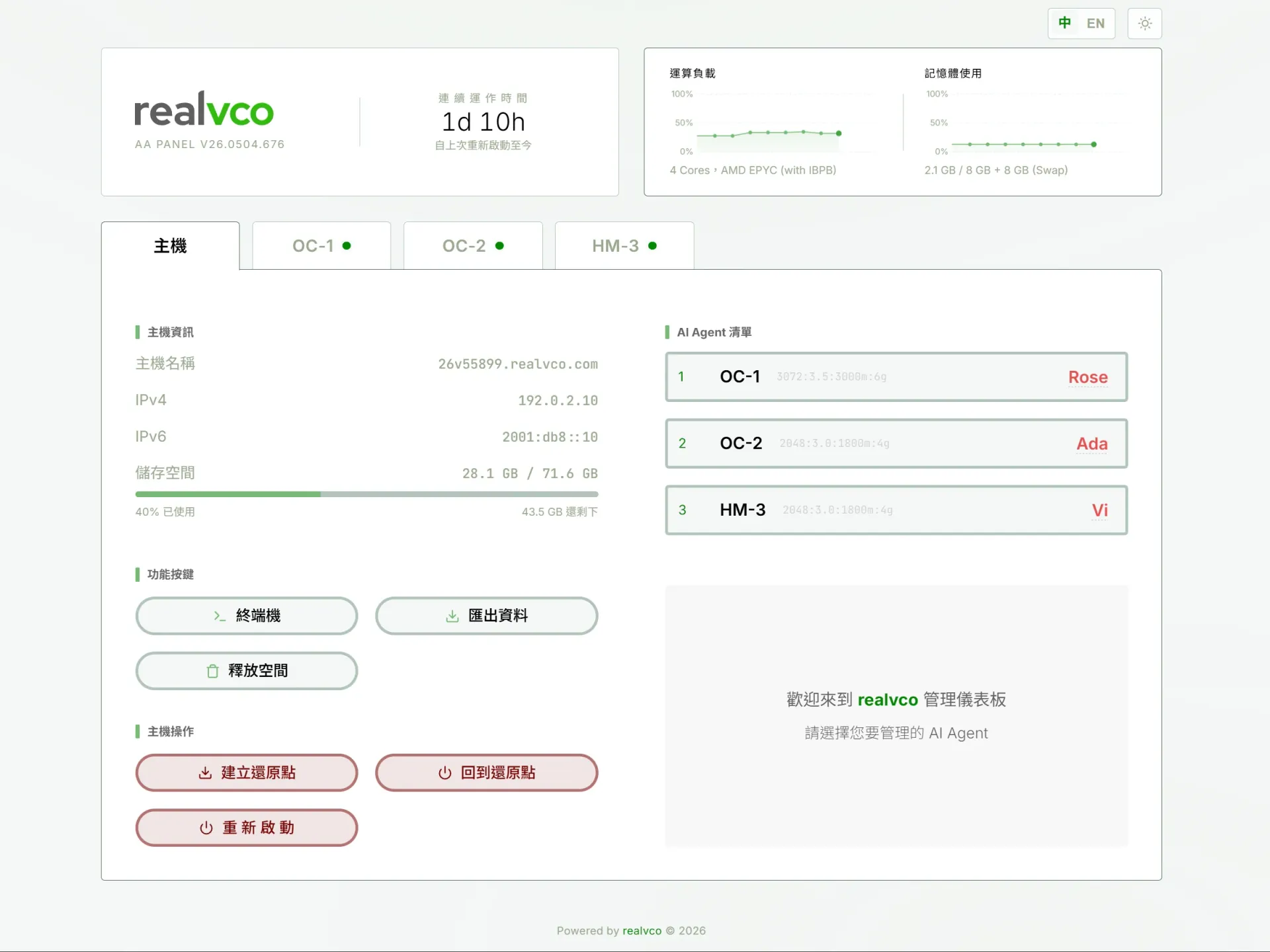 realvco 管理儀表板：即時監控 OpenClaw 與 Hermes-Agent AI 代理人容器